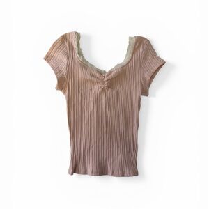 Full Tilt Pink Ribbed Lace Trim Scoop Neck Tee